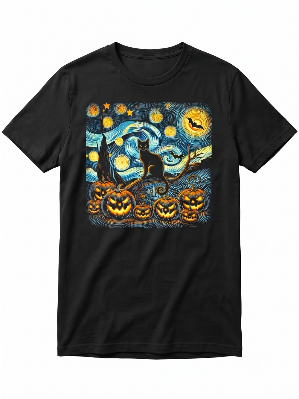 Starry Night Halloween Black Cat Pumpkin Spooky Art Black T-Shirt